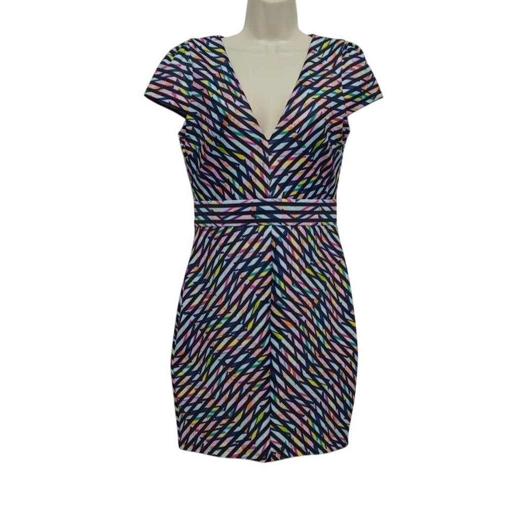 Lulus Women's Size M Multicolor Geometric Print‎ V-Neck Bodycon Mini Dress Party